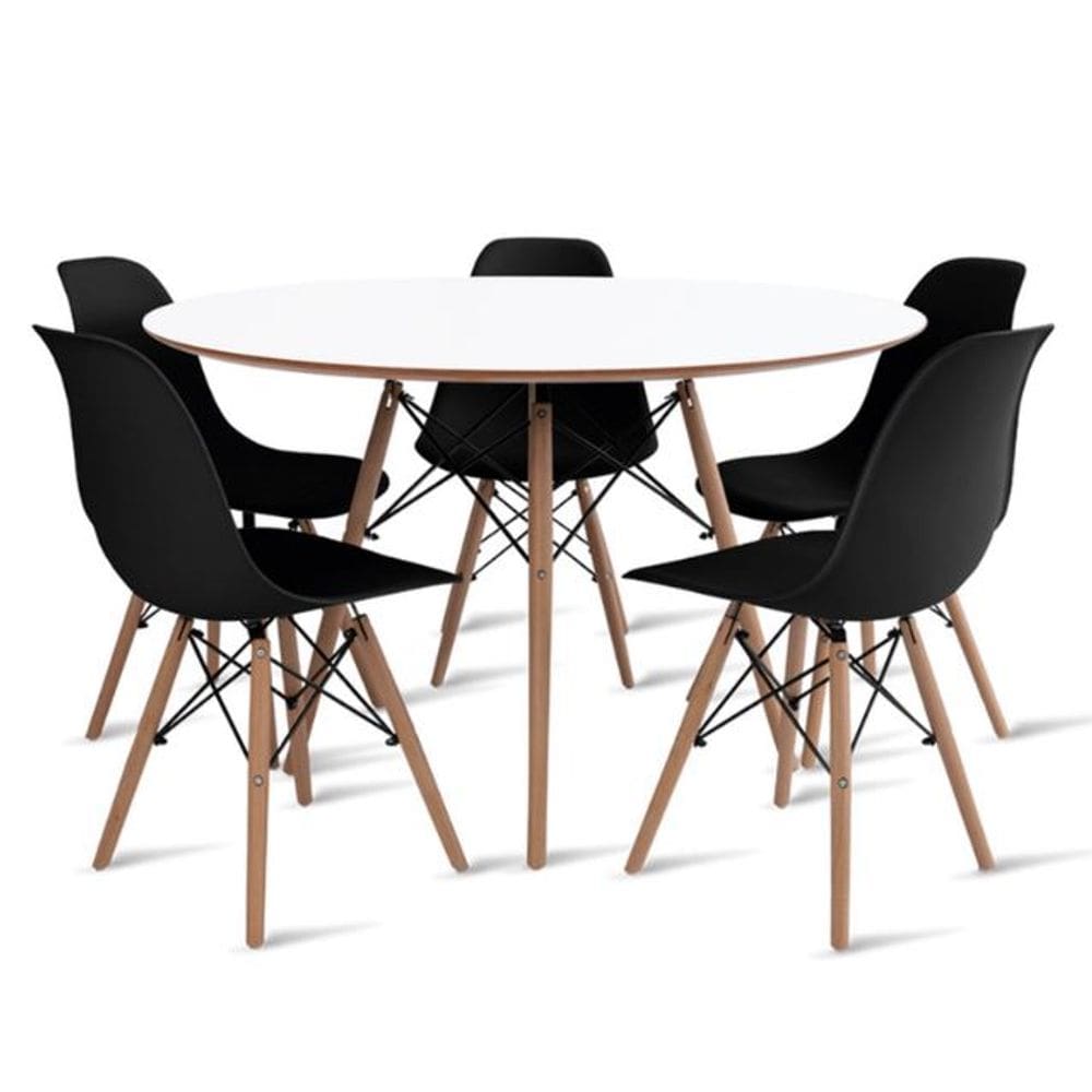Conjunto de Mesa de Jantar Eames Eiffel Redonda 120cm Tampo de Madeira Branco com 5 Cadeiras Pretas
