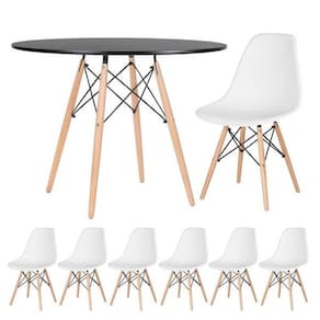 Conjunto de Mesa de Jantar Eames Eiffel Redonda 110cm Tampo de Madeira Preto com 6 Cadeiras Brancas