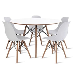 Conjunto de Mesa de Jantar Eames Eiffel Redonda 100cm Tampo de Madeira Branco com 5 Cadeiras Brancas