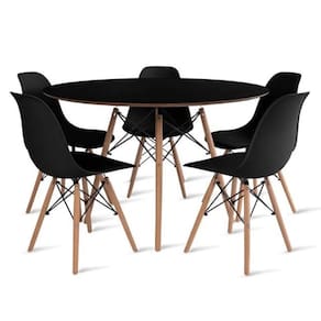 Conjunto de Mesa de Jantar Eames Eiffel Redonda 100cm Tampo de Madeira Preto com 5 Cadeiras Pretas
