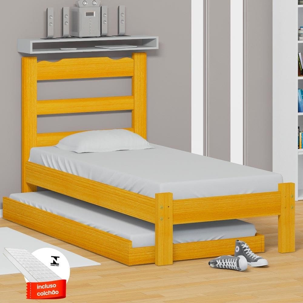Cama De Solteiro De Madeira Com Auxiliar E 2 Colchões Cerejeira Esmeralda Nemargi - Amarelo