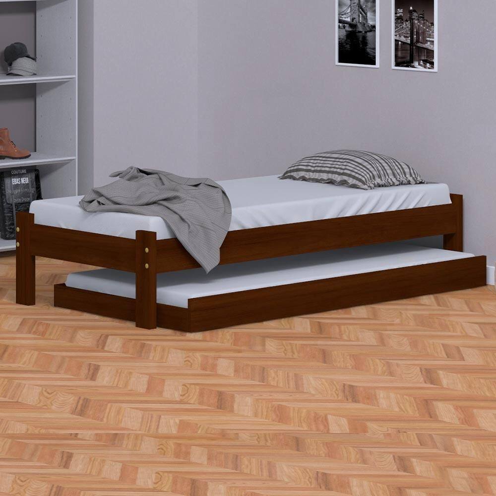 Cama Japonesa Solteiro Com Auxiliar Castanho Madeira Maciça Nemargi - Marrom