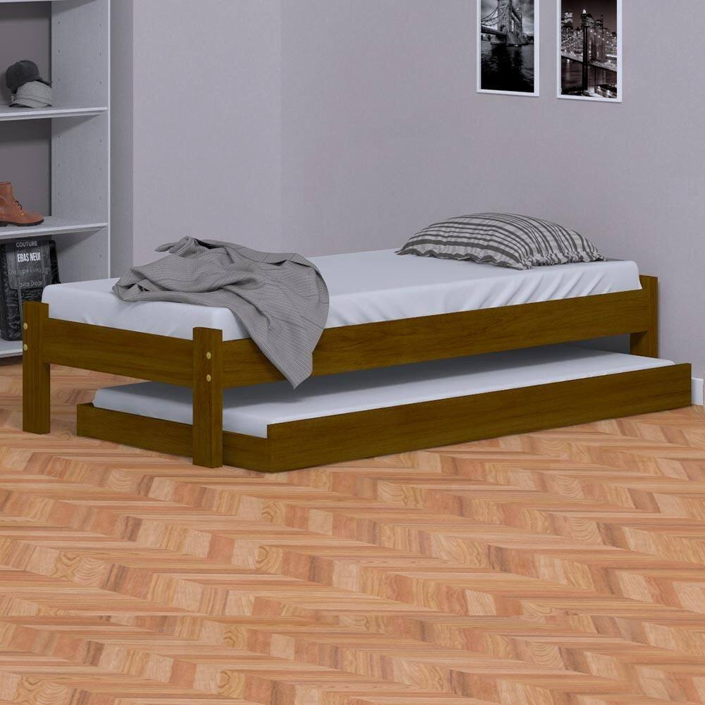 Cama Japonesa Solteiro Com Auxiliar Imbuia Madeira Maciça Nemargi - Marrom