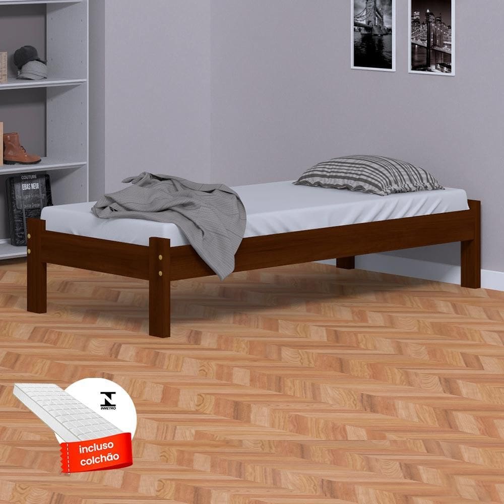 Cama Japonesa Solteiro Castanho Com Colchão Madeira Nemargi - Marrom