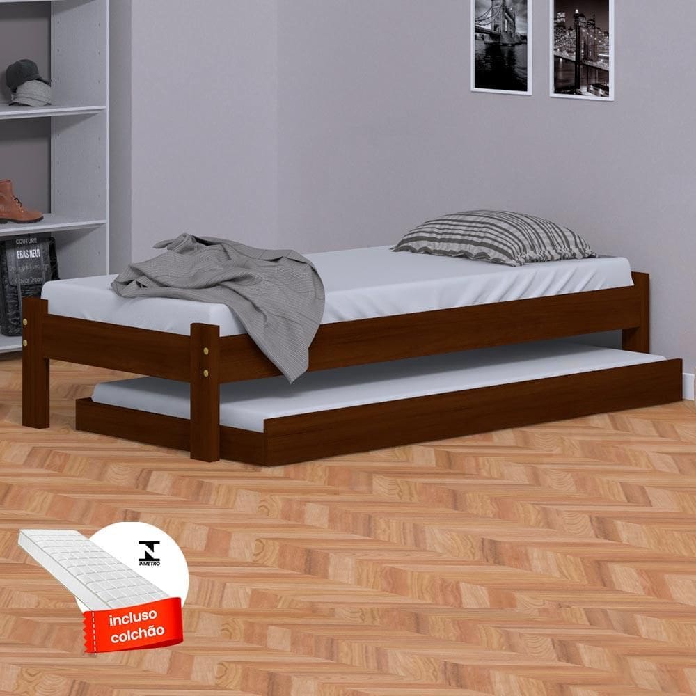 Cama Japonesa Solteiro Madeira Maciça Com Auxiliar E 2 Colchões Castanho Nemargi - Marrom