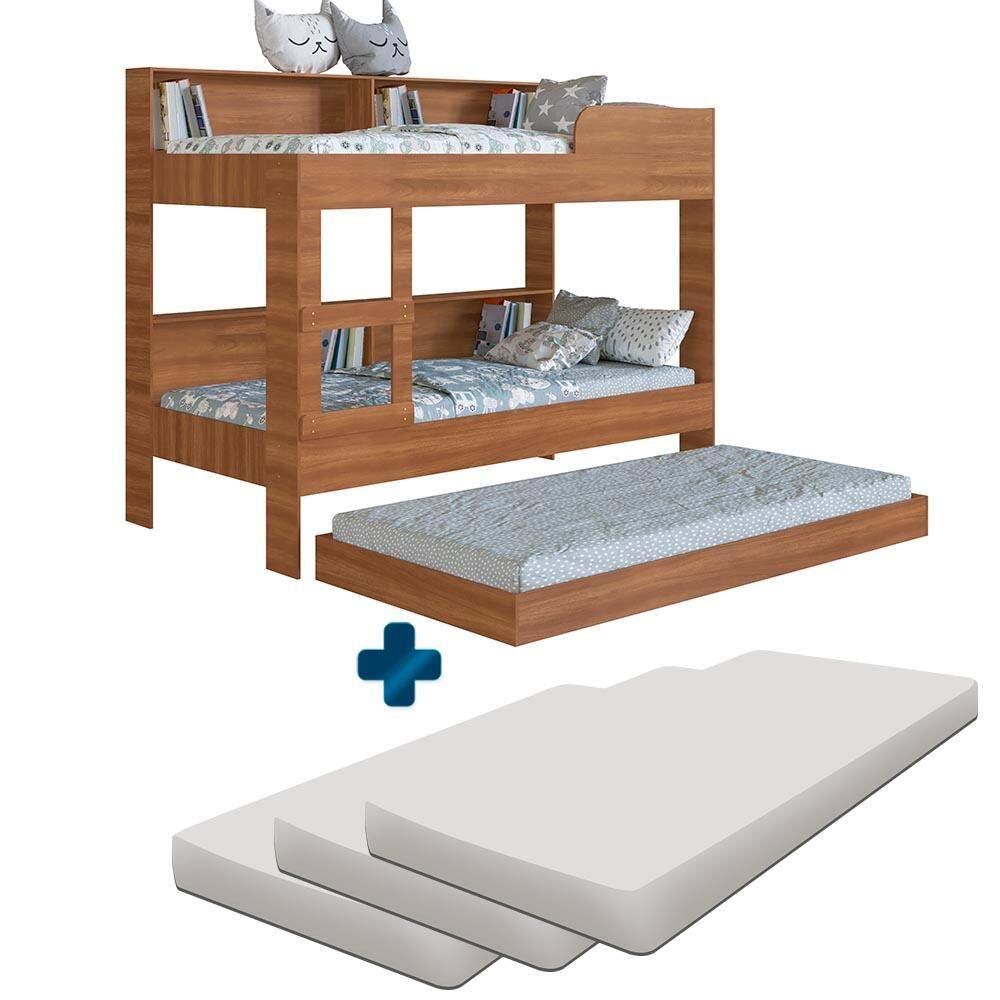 Beliche Solteiro Com Cama Auxiliar 3 Colchões E Estante Nogal Sunset Shop JM - Marrom
