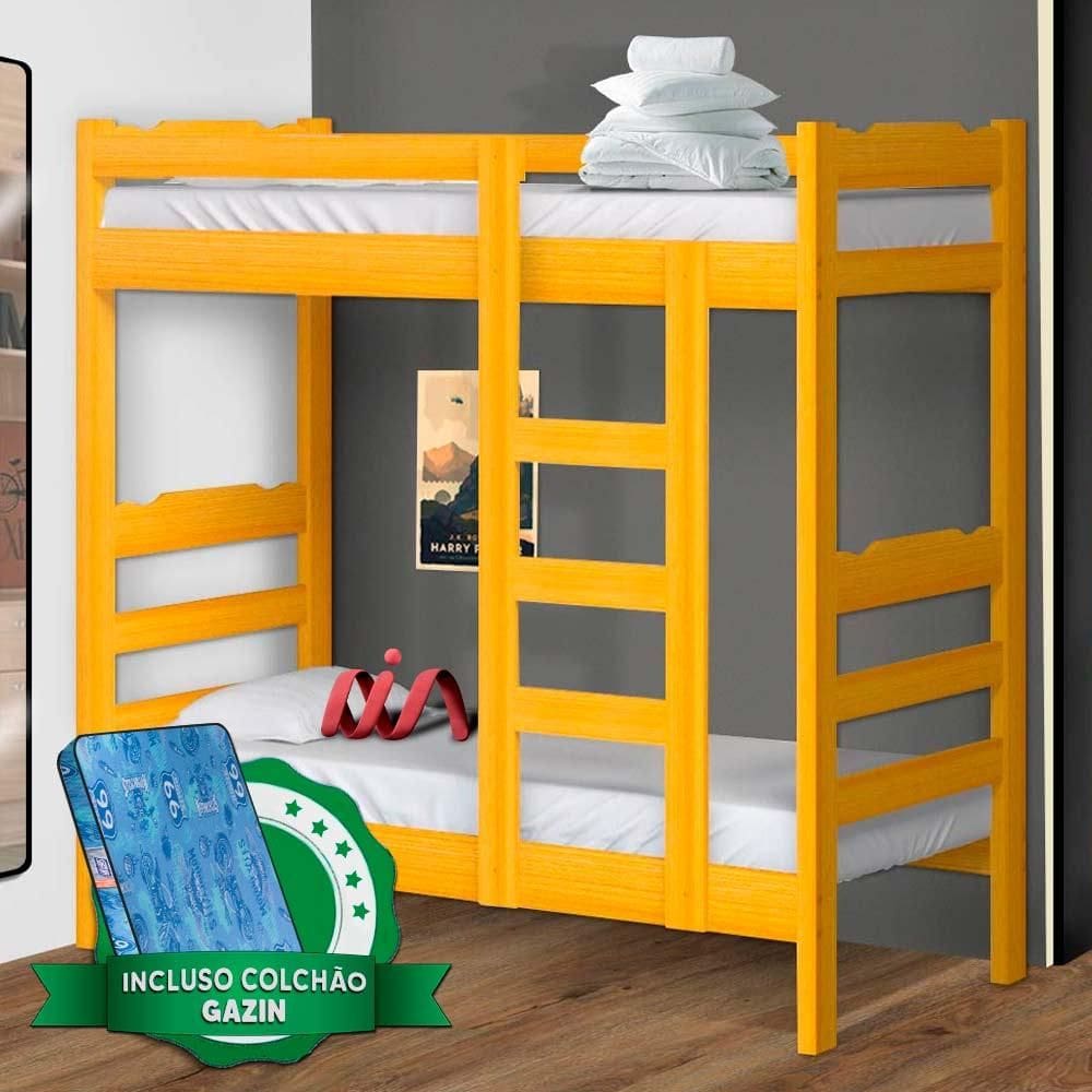 Beliche Solteiro Alta Espaçosa Madeira Maciça Life Nemargi Cerejeira Com 2 Colchões Gazin - Laranja