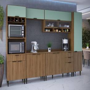 Cozinha Compacta 6 Peças 12 Portas 4 Gavetas Paris Nogal Manchester/ Verde Matte