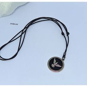 Colar Religioso Cordão Fio encerado Preto Regulável com Pingente Medalha redonda Divino espírito santo Pomba Aço inox