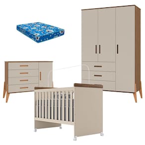 Quarto de Bebê Emilly 3 Portas e Berço Mini Cama Lívia Off White Carvalho com Colchão Ortobom - Canaã