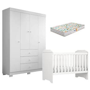 Berço Americano Mini Cama Mel e Guarda Roupa Duda 4 Portas Branco Brilho com Colchão Gazin - Phoenix Baby
