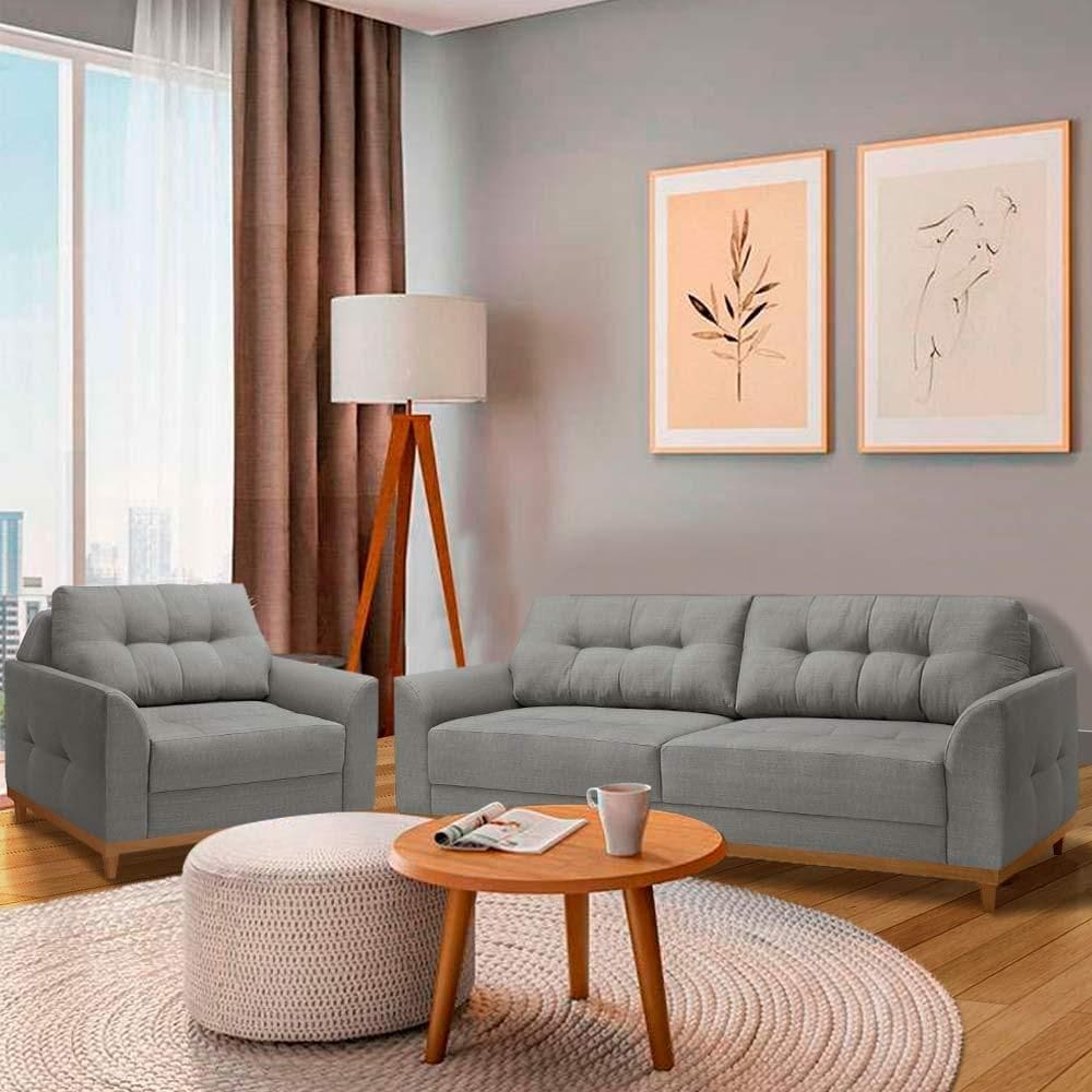 Sofá Para Sala Pequena E Poltrona Living Linho Cinza Escuro Verona 2.0 Luapa Estofados - Cinza