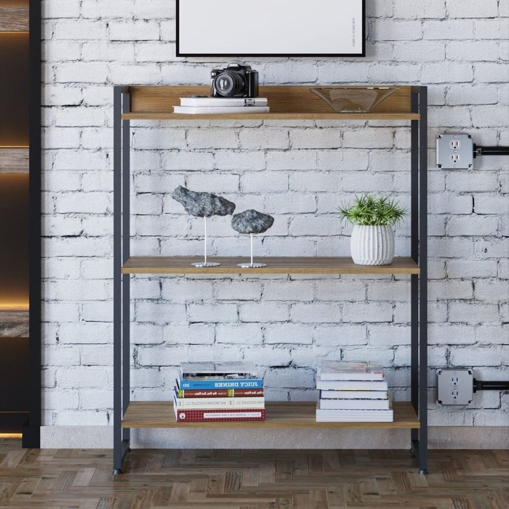 Estante para Livros Industrial Multiuso 3 Prateleiras 104x80cm Dynamica Yescasa Lamina Mel / Preto
