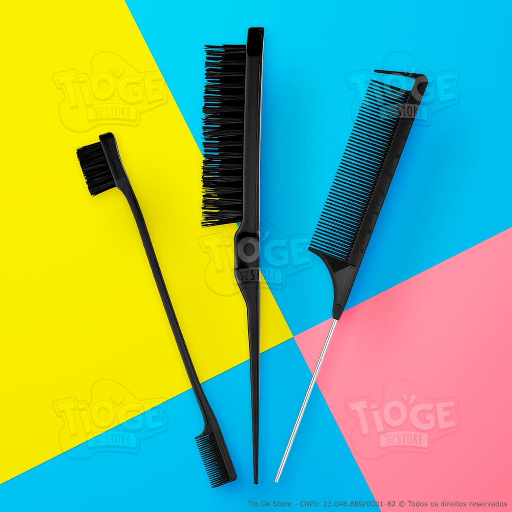 Kit 3 Peças Penteado 1 Escova Fina Coque 1 Pente Cabo Fino Metal 1 Pente Escova Baby Hair Cabelo Sobrancelha Preto