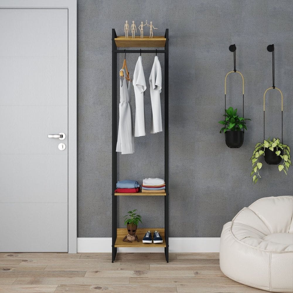 Estante Closet Arara Industrial 3 Prateleiras 187x45cm Dynamica Lâmina Mel / Est.Preta