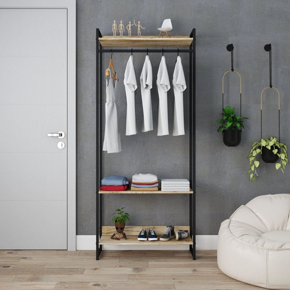 Estante Closet Arara Industrial 3 Prateleiras 187x80cm Dynamica Yescasa Carvalho/Preto