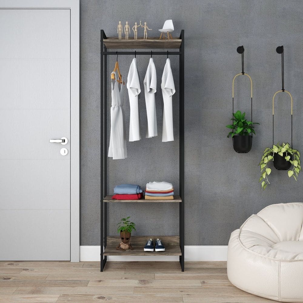 Estante Closet Arara Industrial 3 Prateleiras 187x60cm Dynamica Yescasa Carvalho Dark/Preto