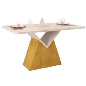 Mesa de Sala Jantar Argo c/Tampo Madeirado Vidro Curvo 136x90cm Cedro/Off White/Off White - DJ Móveis