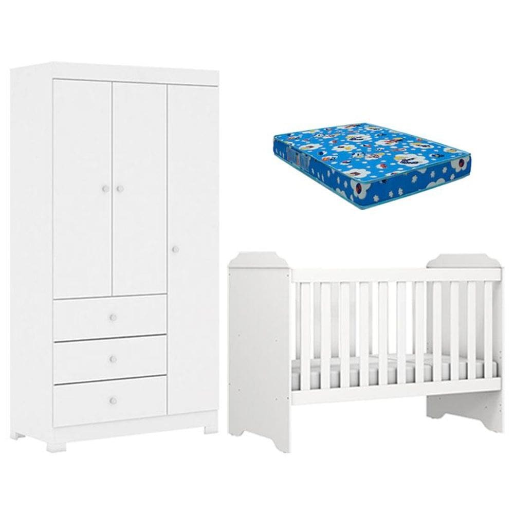 Berço Americano Mini Cama Mel e Guarda Roupa Duda 3 Portas Branco Brilho com Colchão Ortobom - Phoenix Baby