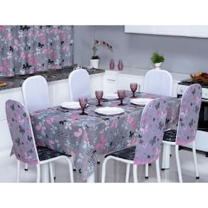 Toalha de Mesa 8 Lugares 2,50 x 1,40 Cozinha Copa Sala de Jantar Oxford Estampa Borboleta Cinza e Rosa