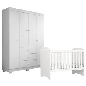 Berço Americano Mini Cama Mel com Guarda Roupa Duda 4 Portas Branco Brilho - Phoenix Baby