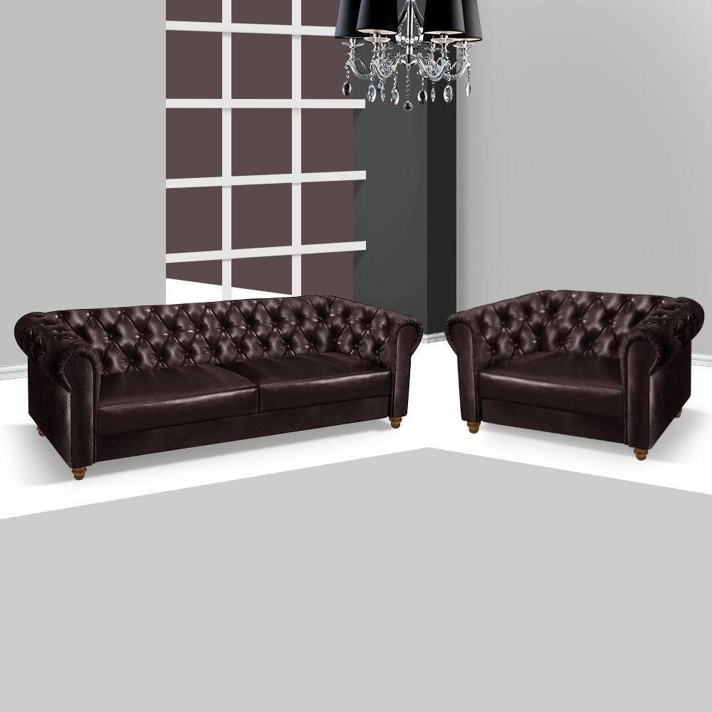 Sofá + poltrona chesterfield arte estofados Viena corino marrom - Marrom