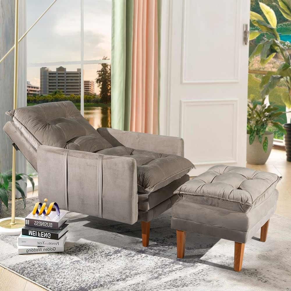 Poltrona Do Papai Reclinável Com Puff Veludo Bege Veneza Boutique Konforto