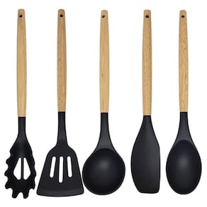 Jogo 6 Utensílios Cozinha Silicone Preto Cabo Madeira Prime 30cm - Monaliza