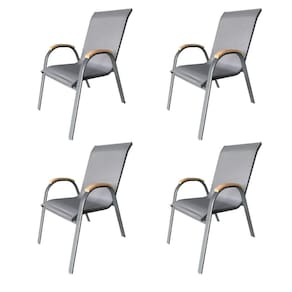 Kit 4 Cadeiras Empilhável com Braço Pipa Maresias Fratini 96 cm altura Alumínio e Assento Tela Cinza