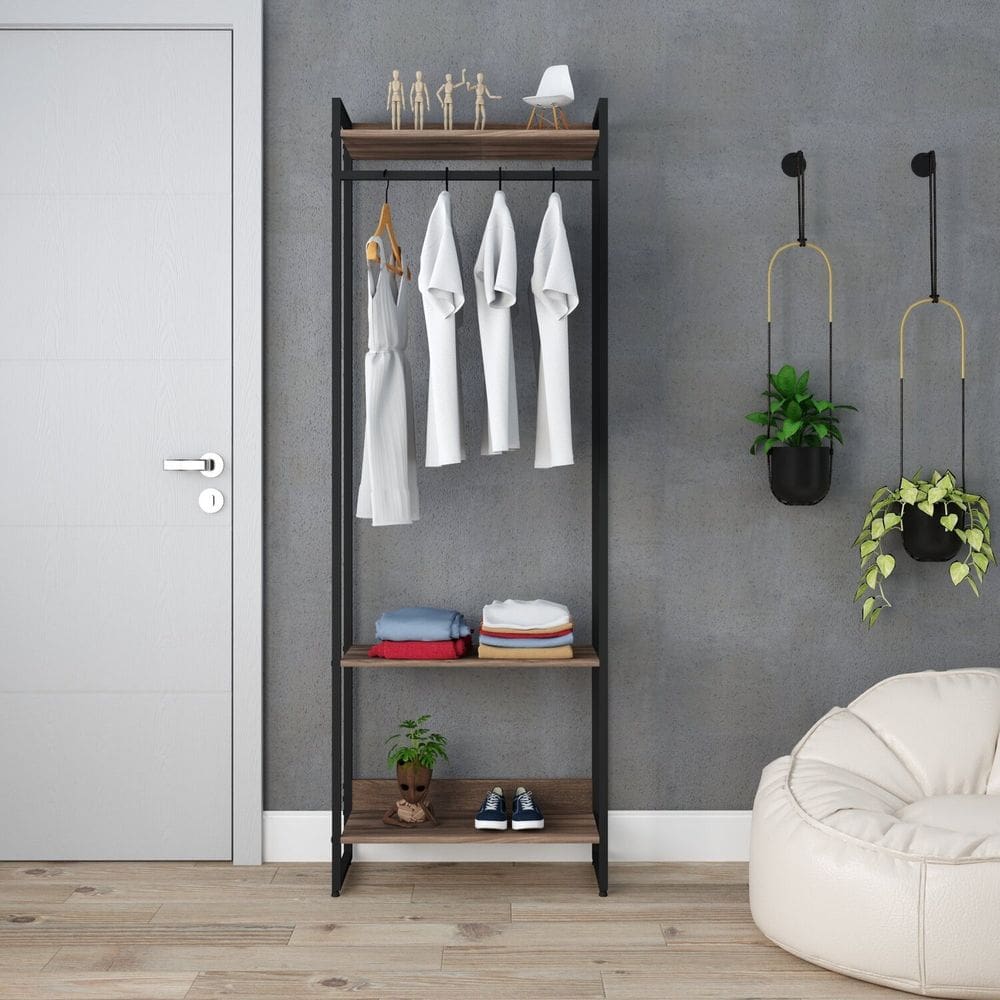 Estante Closet Arara Industrial 3 Prateleiras 187x60cm Dynamica Yescasa Nogal/Preto