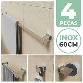 Kit Acessórios Para Banheiro 4 Peças Aço Inox Linha Quadrada Q4