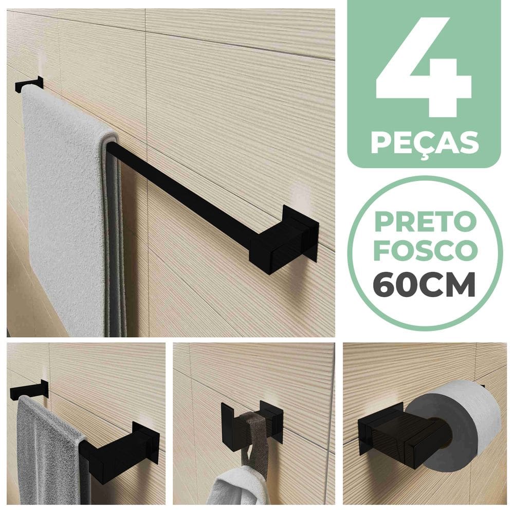 Kit Acessórios Para Banheiro 4 Peças Aço Inox Preto Fosco Linha Quadrada Q4APF