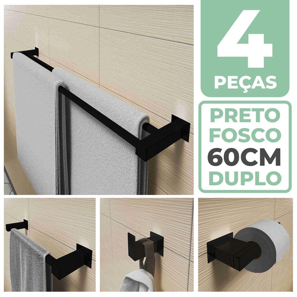 Kit Acessórios Para Banheiro 4 Peças Aço Inox Preto Fosco Linha Quadrada Q4CPF