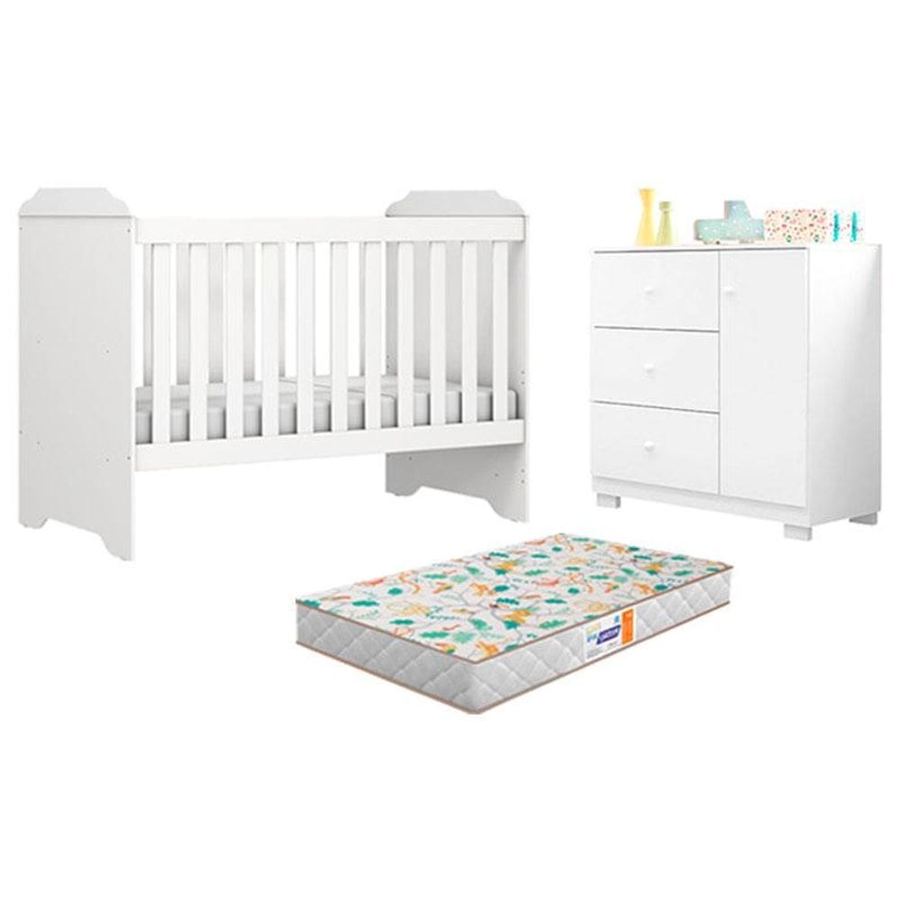 Berço Americano Mini Cama Mel e Cômoda Infantil Duda Branco Brilho com Colchão Gazin - Phoenix Baby