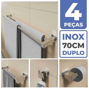 Kit Acessórios Para Banheiro 4 Peças Aço Inox Linha Quadrada Q4D
