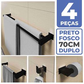 Kit Acessórios Para Banheiro 4 Peças Aço Inox Preto Fosco Linha Quadrada Q4DPF