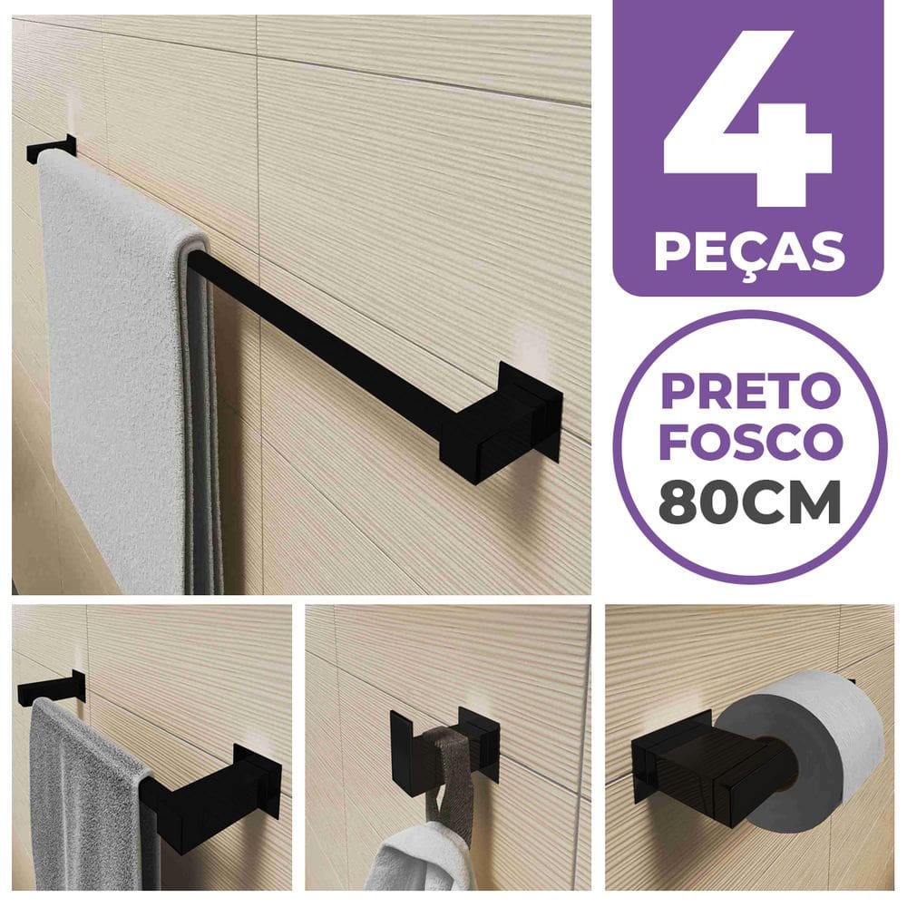 Kit Acessórios Para Banheiro 4 Peças Aço Inox Preto Fosco Linha Quadrada Q4EPF