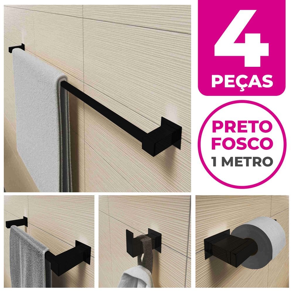 Kit Acessórios Para Banheiro 4 Peças Aço Inox Preto Fosco Linha Quadrada Q4GPF