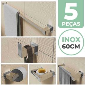 Kit Acessórios Para Banheiro 5 Peças Aço Inox Linha Quadrada Q5