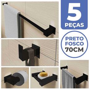 Kit Acessórios Para Banheiro 5 Peças Aço Inox Preto Fosco Linha Quadrada Q5BPF