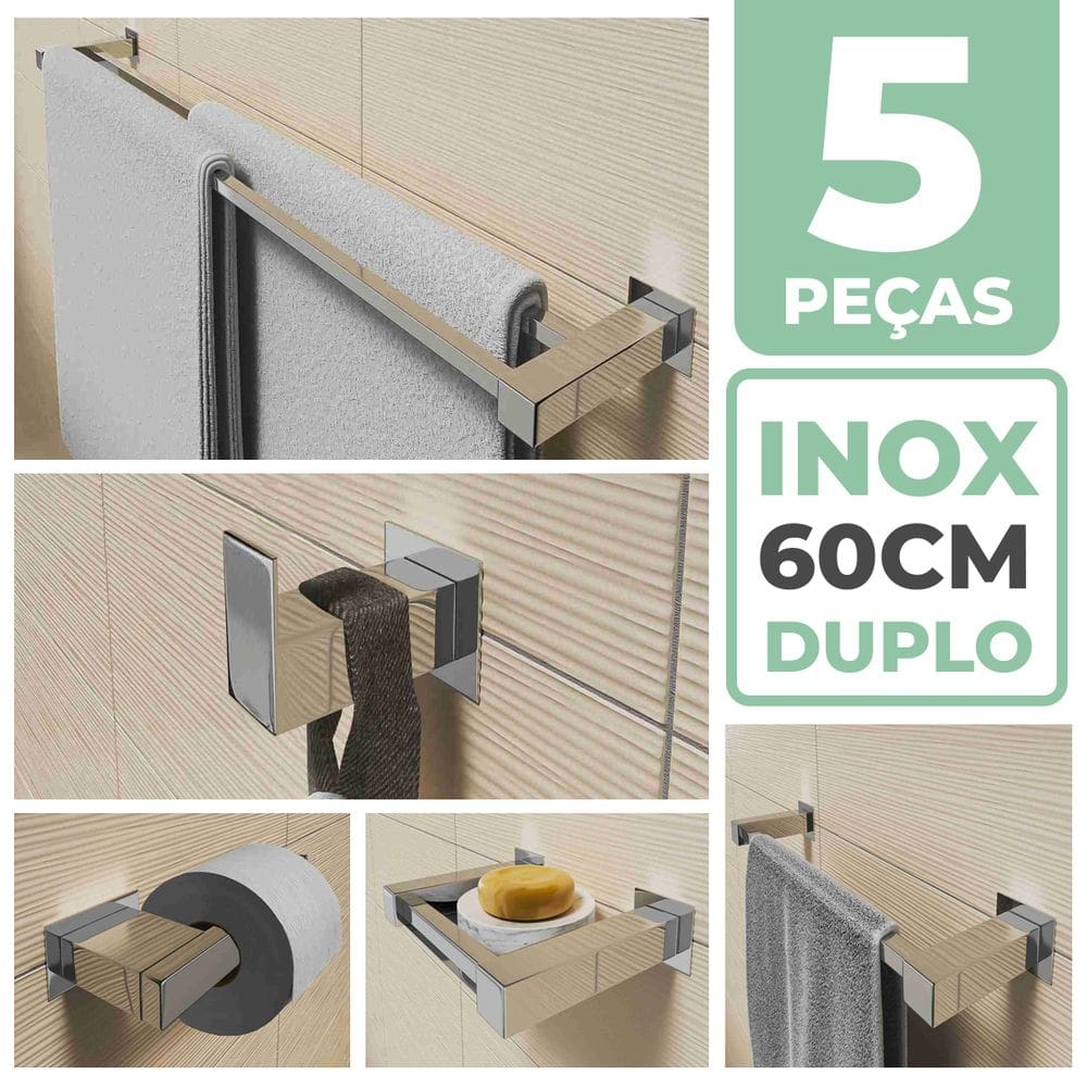 Kit Acessórios Para Banheiro 5 Peças Aço Inox Linha Quadrada Q5C