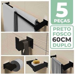 Kit Acessórios Para Banheiro 5 Peças Aço Inox Preto Fosco Linha Quadrada Q5CPF