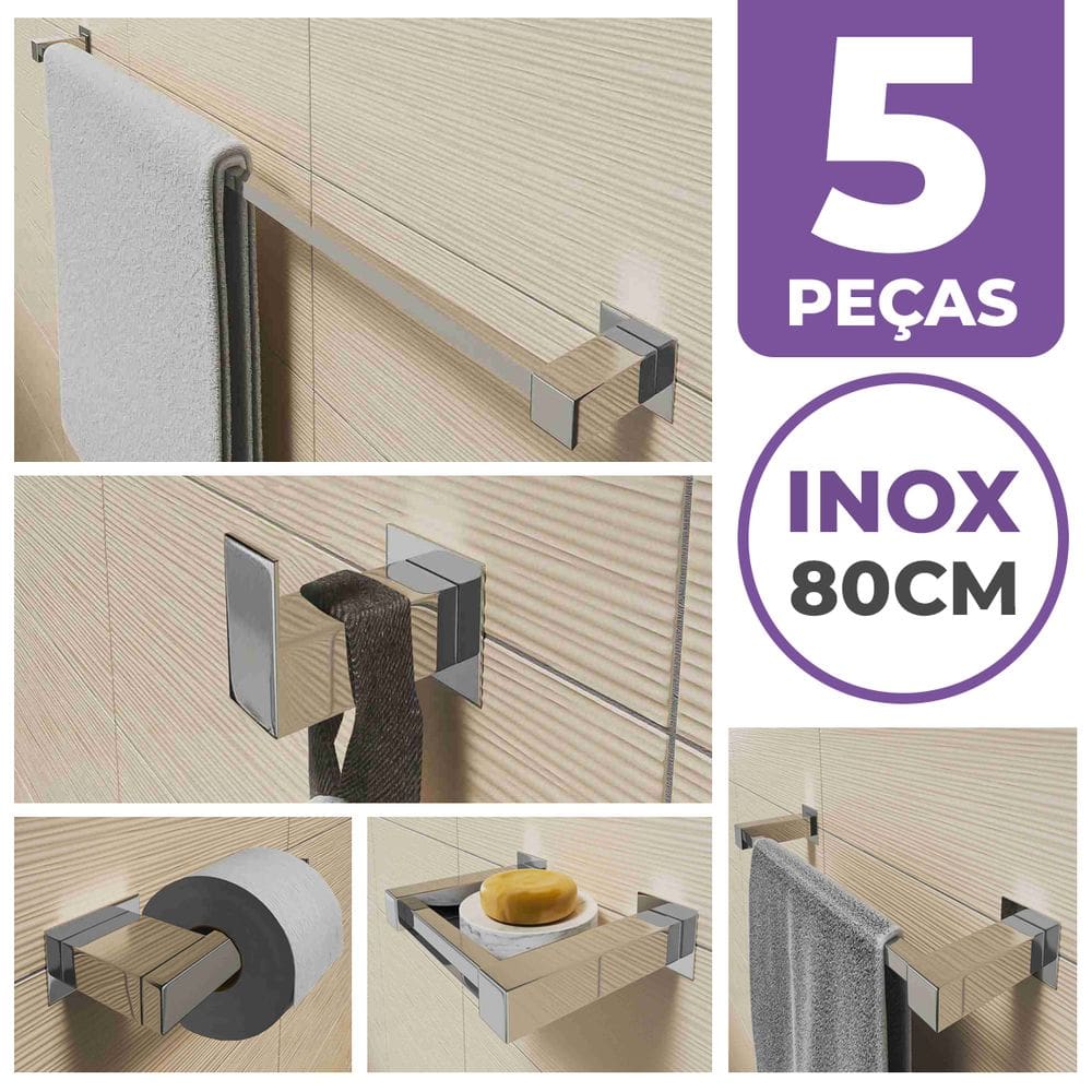 Kit Acessórios Para Banheiro 5 Peças Aço Inox Linha Quadrada Q5E