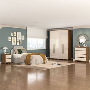 Quarto Guarda-Roupa 4 Portas Cômoda 4 Gavetas 1 Mesa de Cabeceira 2 Gavetas Freijó/Off White