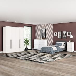 Quarto Guarda-Roupa 4 Portas Cômoda 8 Gavetas Mesa de Cabeceira 3 Gavetas Branco