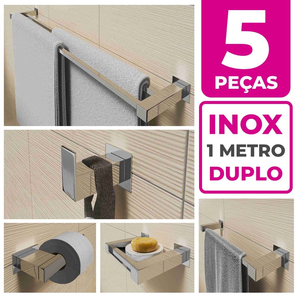 Kit Acessórios Para Banheiro 5 Peças Aço Inox Linha Quadrada Q5H