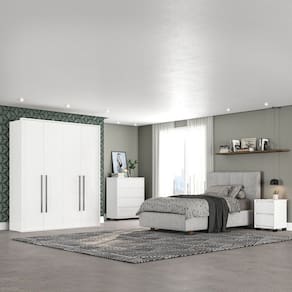 Quarto Guarda Roupas 4 Portas Cômoda 4 Gavetas 1 Mesa de Cabeceira 2 Gavetas Branco