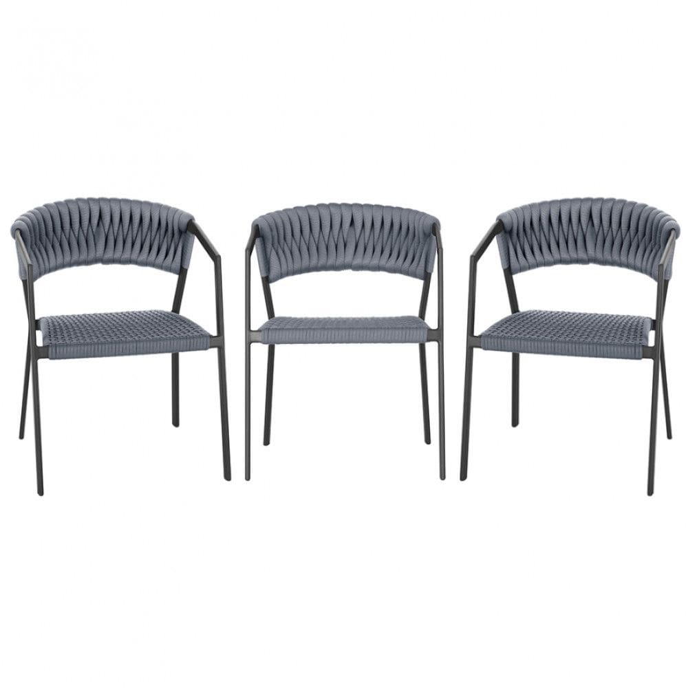 3 Cadeiras Atenas Tricô Náutico e Alumínio com Proteção UV para Varanda, Cozinha, Área, Jardim - Pintura Preto