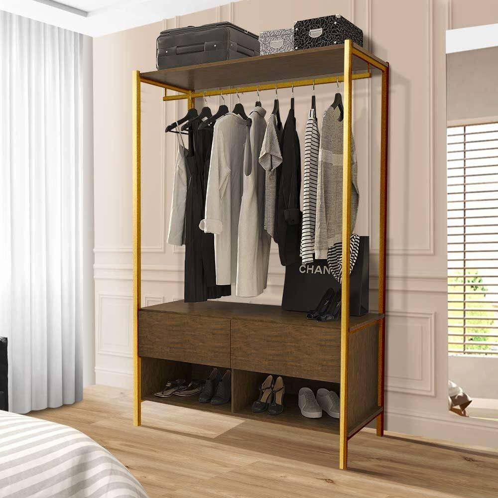 Guarda Roupa Solteiro Industrial Em Aço 2 Gavetas Imbuia Dourado Ahri Steel Mobile - Marrom