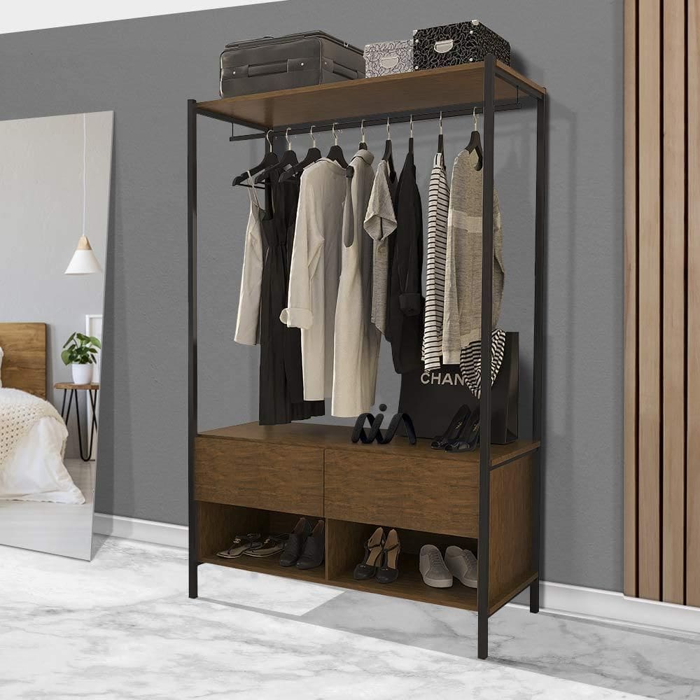 Guarda Roupa Closet Solteiro Industrial Em Aço 2 Gavetas Imbuia Preto Ahri Shop JM - Preto